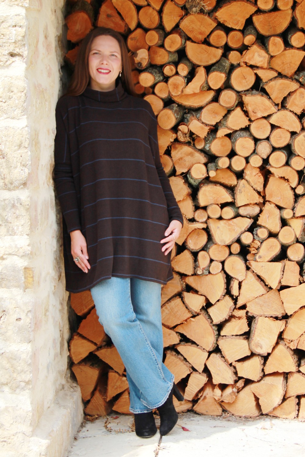 Neirami Teddy High Neck Fleece Knit Top Fondente Stripe