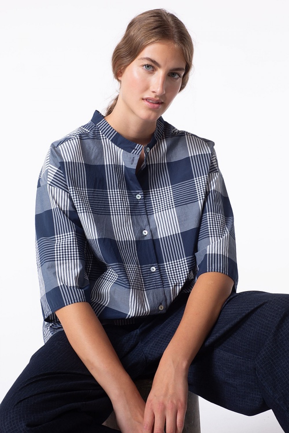 OSKA Blouse 419 Night / Cotton Blend with Gingham Check