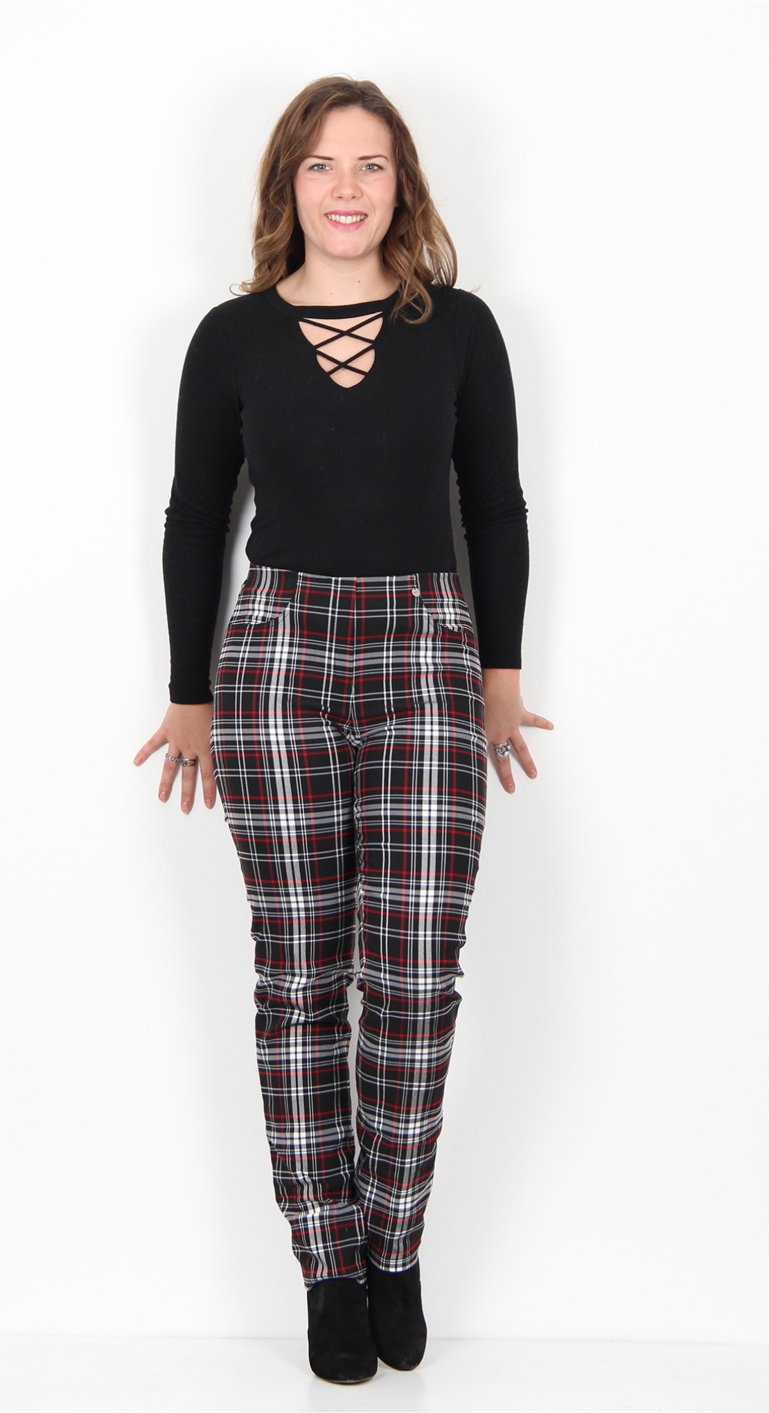 red and black check trousers