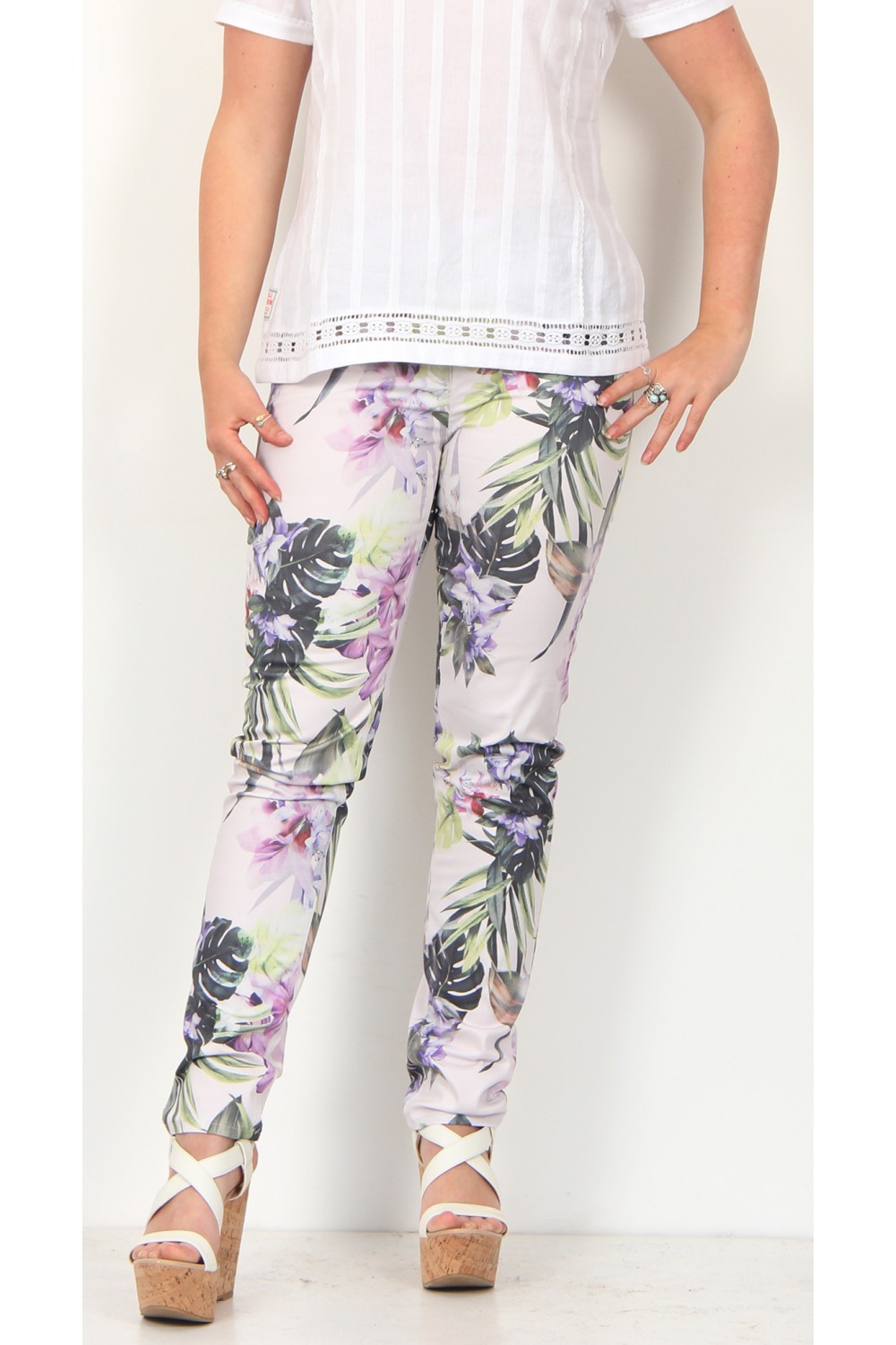 Robell Trousers Elena Tropical Floral Jean Green