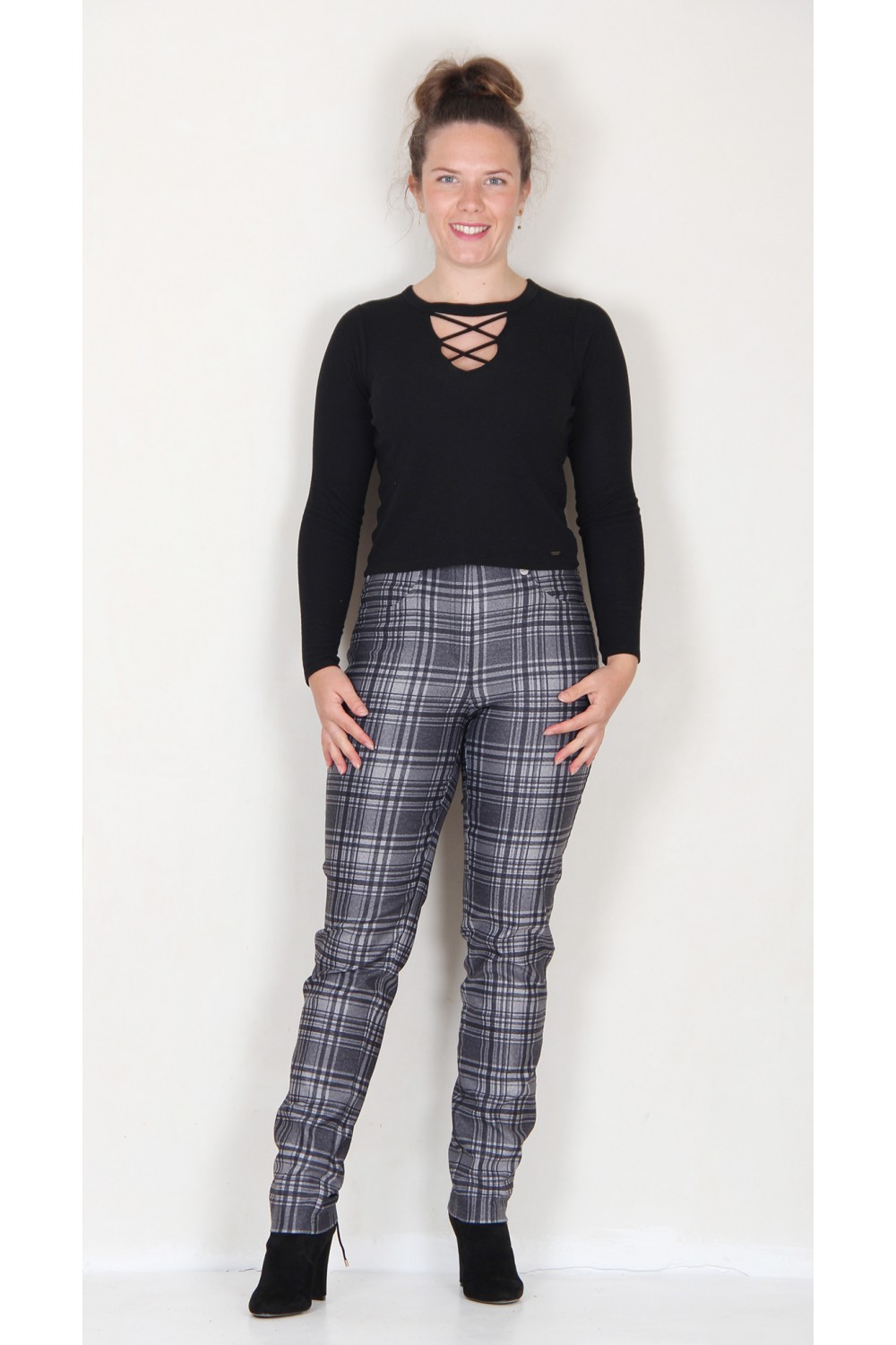 Robell Trousers Bella Grey Charcoal Tartan