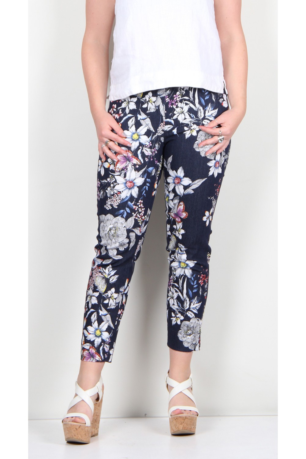 Robell Trousers Rose 09 Summer Floral Stretch Denim Jean Navy