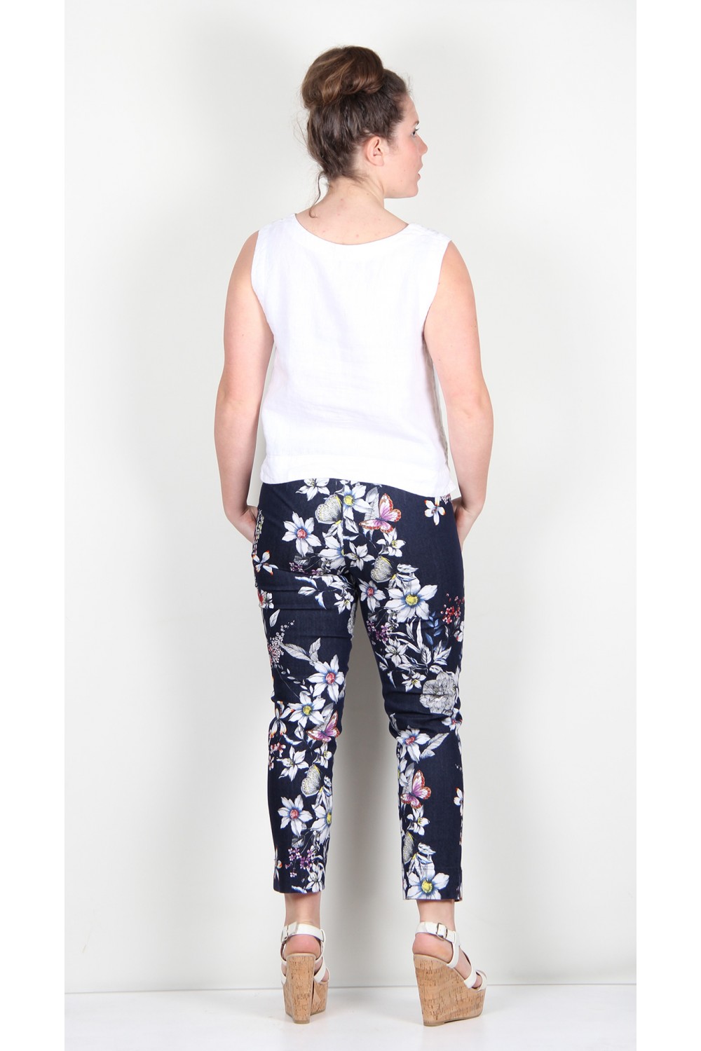 Robell Trousers Rose 09 Summer Floral Stretch Denim Jean Navy