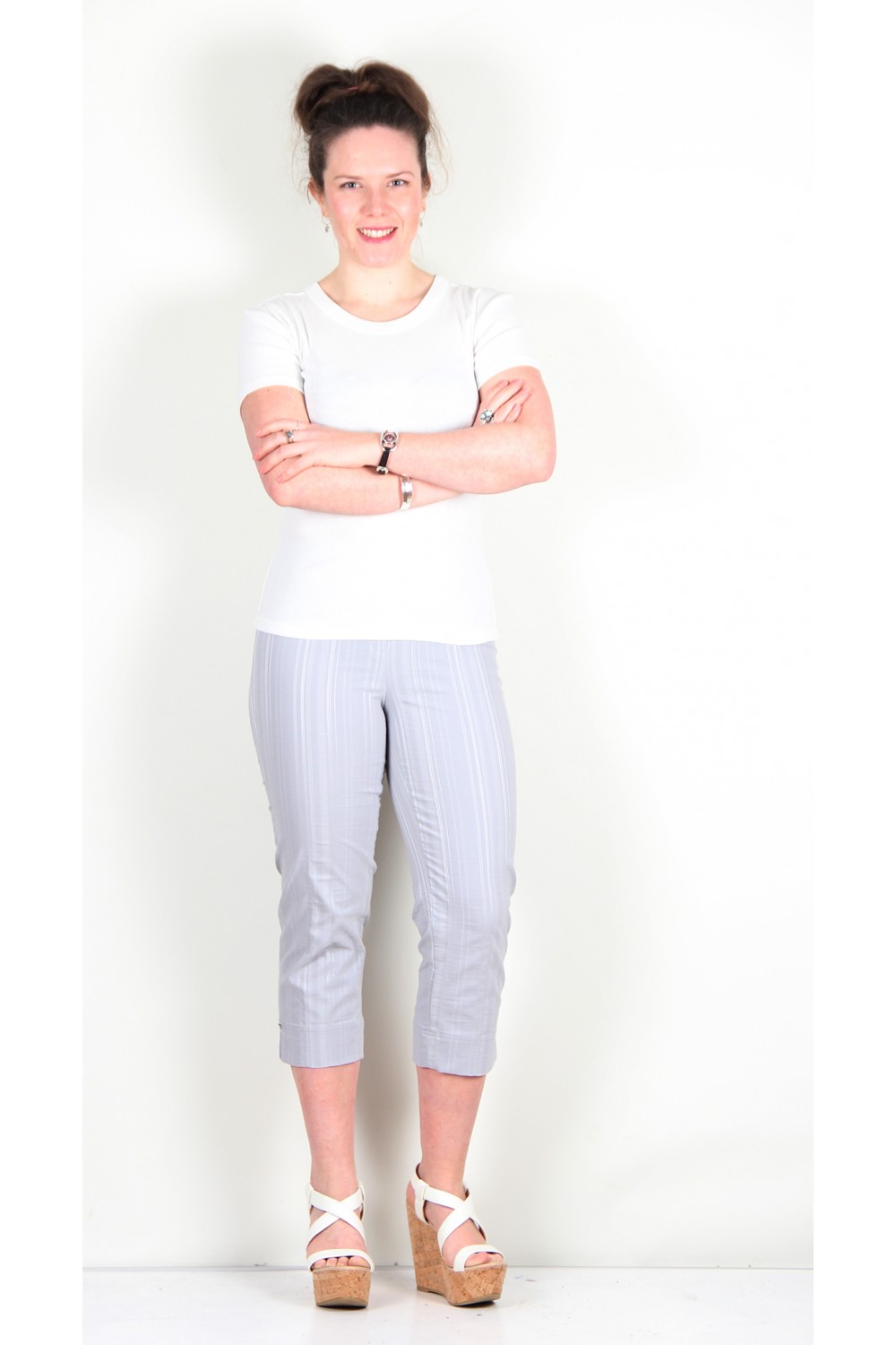 Robell Trousers Marie 07 Seersucker Crop Light Grey