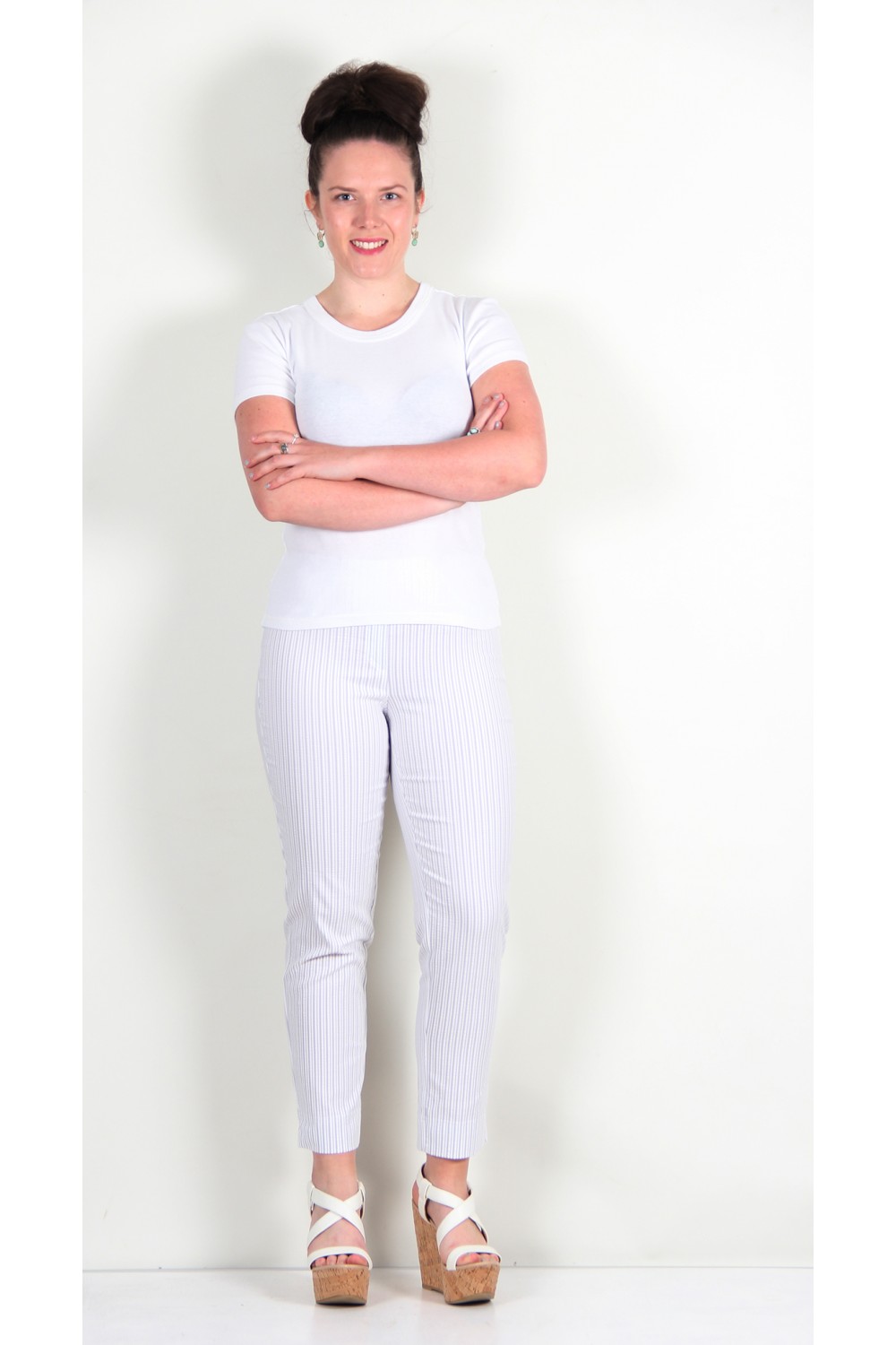 Robell Trousers Bella 09 Seersucker Stripe 7/8 Crop Light Grey/White