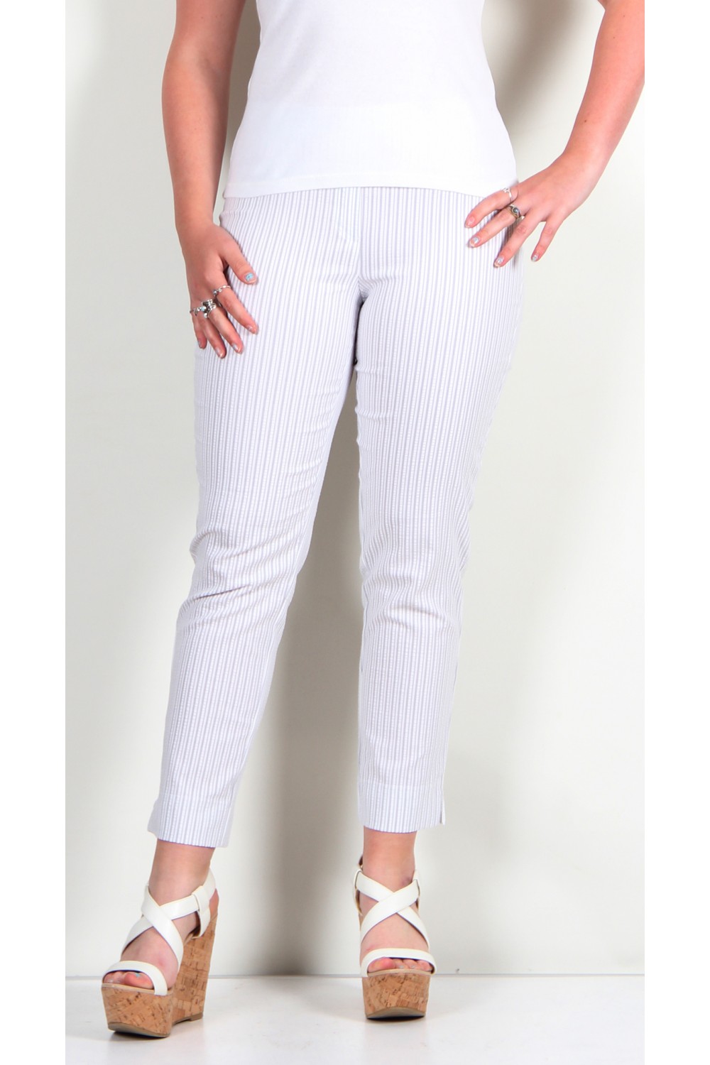 Robell Trousers Bella 09 Seersucker Stripe 7/8 Crop Light Grey/White