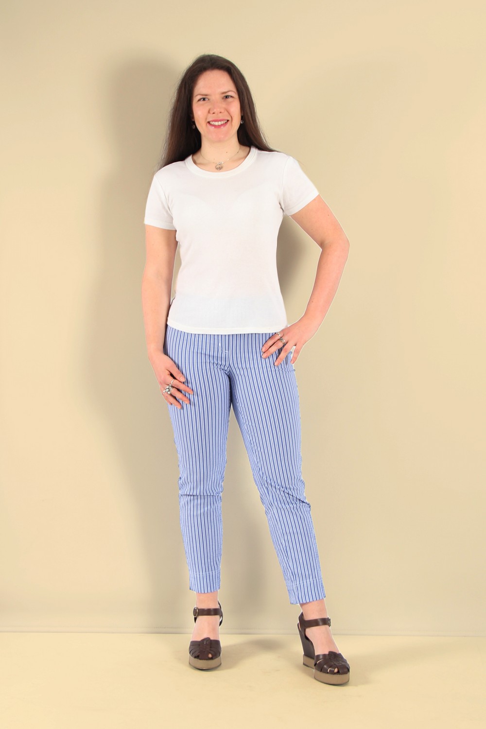 Robell Trousers Bella 09 Seersucker Stripe 7/8 Crop French Blue/White