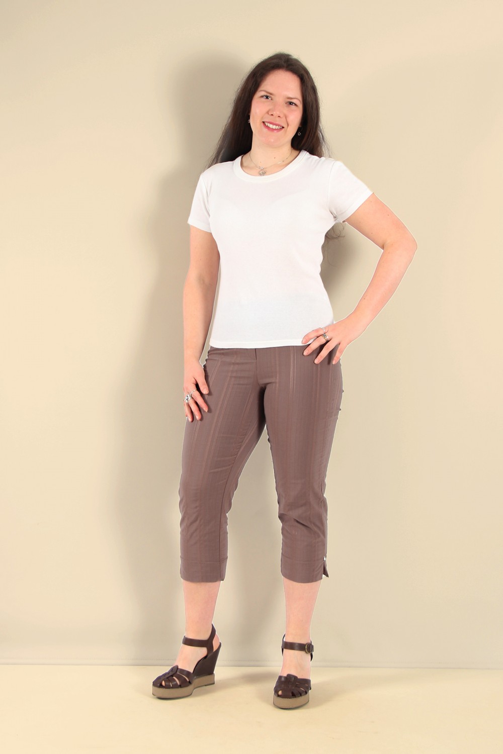 Robell Trousers Marie 07 Seersucker Crop Taupe