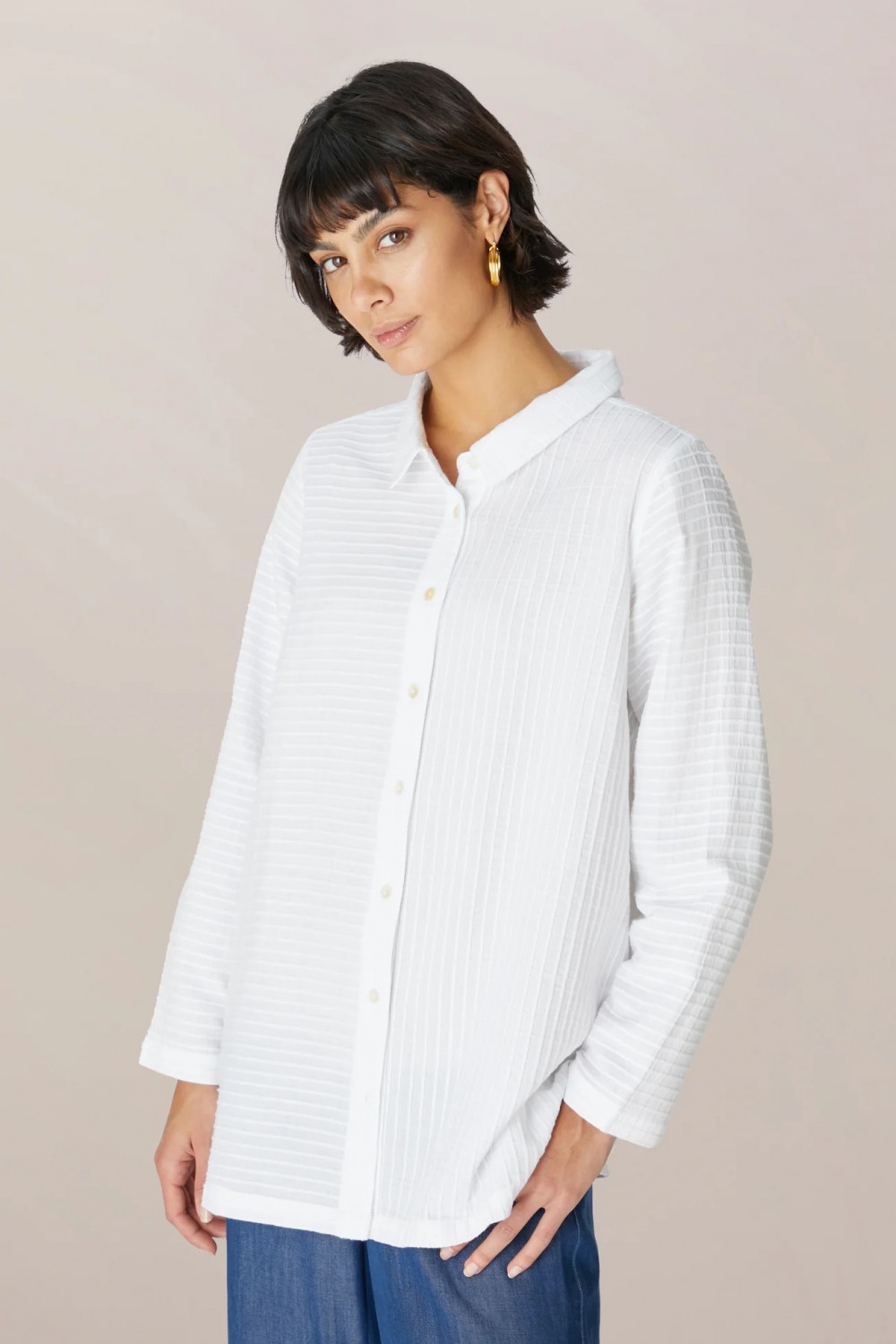 SAHARA Cotton Pintuck Flared Shirt White