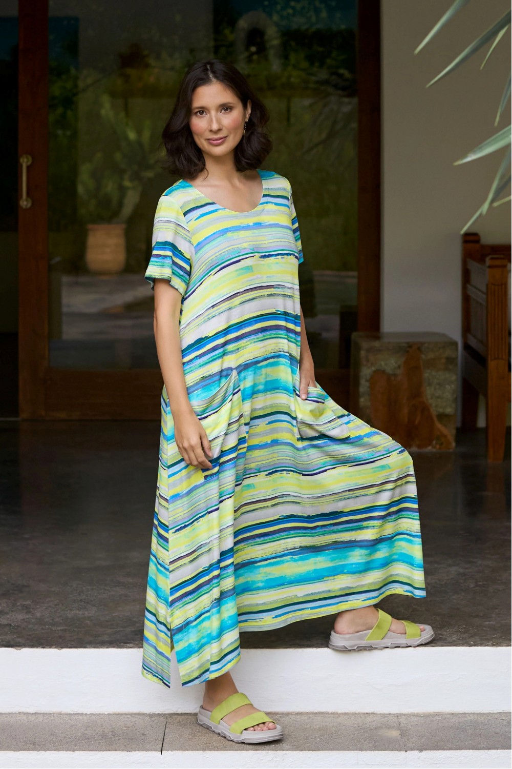 SAHARA Cyan Stripe Jersey Pocket Dress Multi