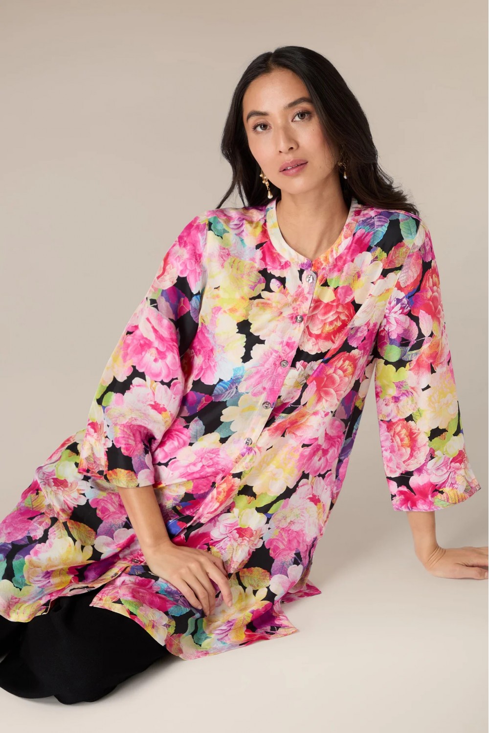 SAHARA Floral Confection Long Silk Shirt Multi