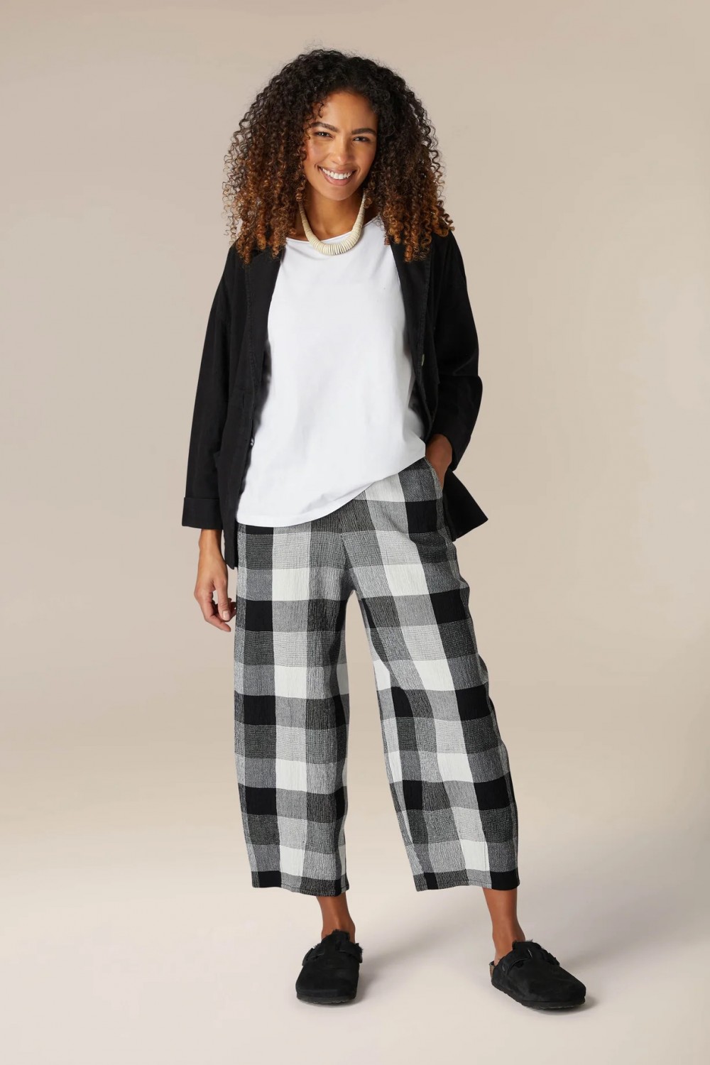 SAHARA Crinkle Grid Check Trousers Black/White
