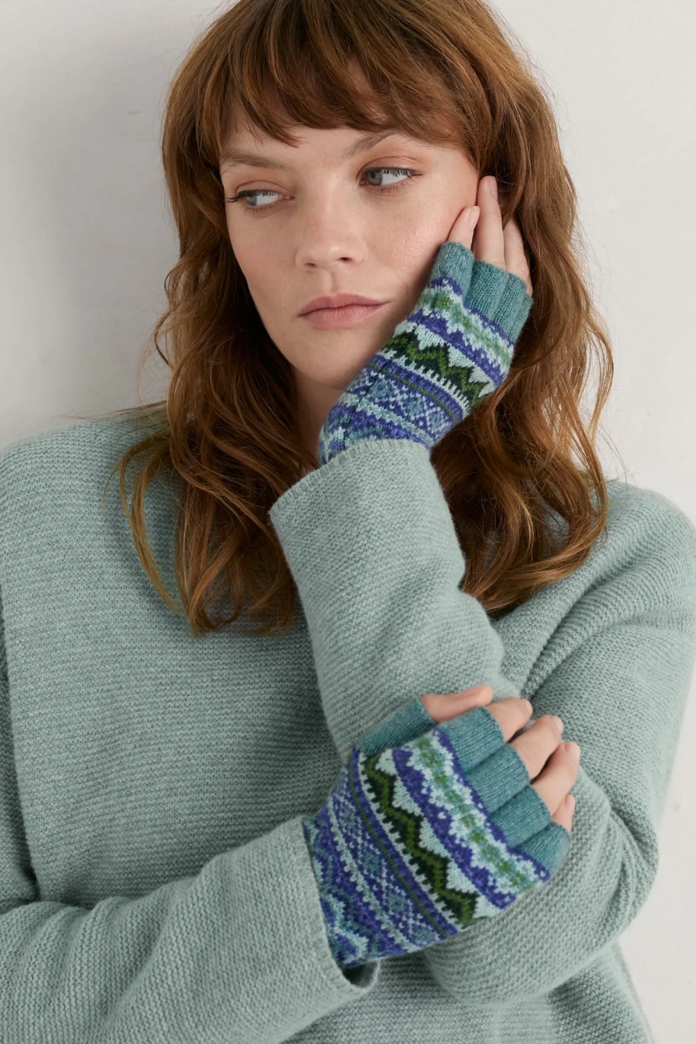 Seasalt Clothing Mabyn Fair Isle Fingerless Gloves Water Avens Marine