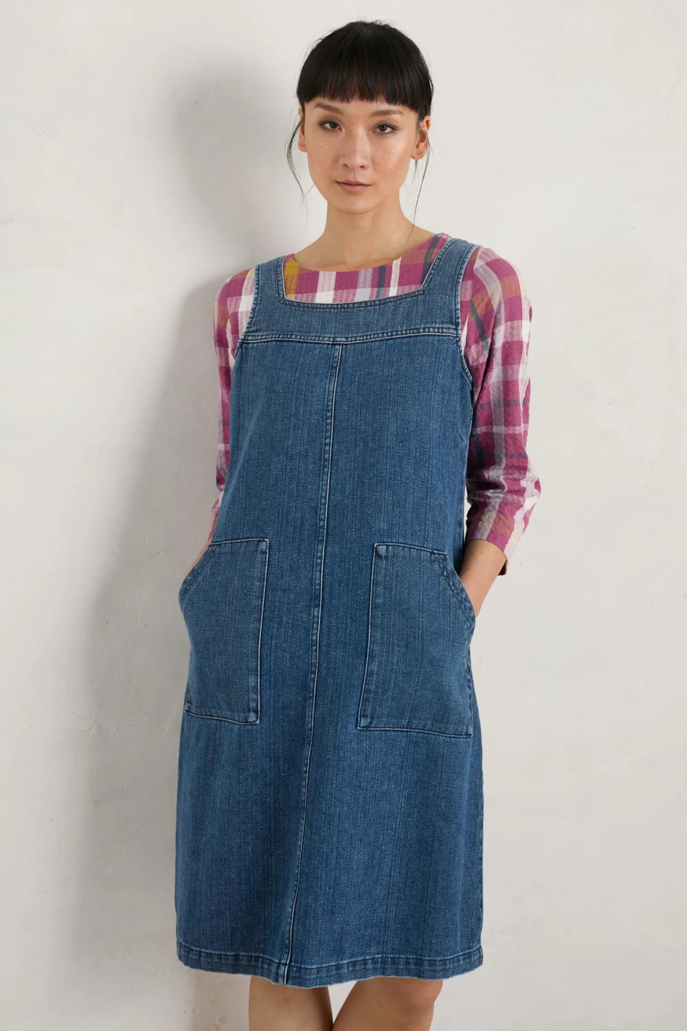 Seasalt Clothing Calican Denim Pinafore Dress Mid Wash Grain