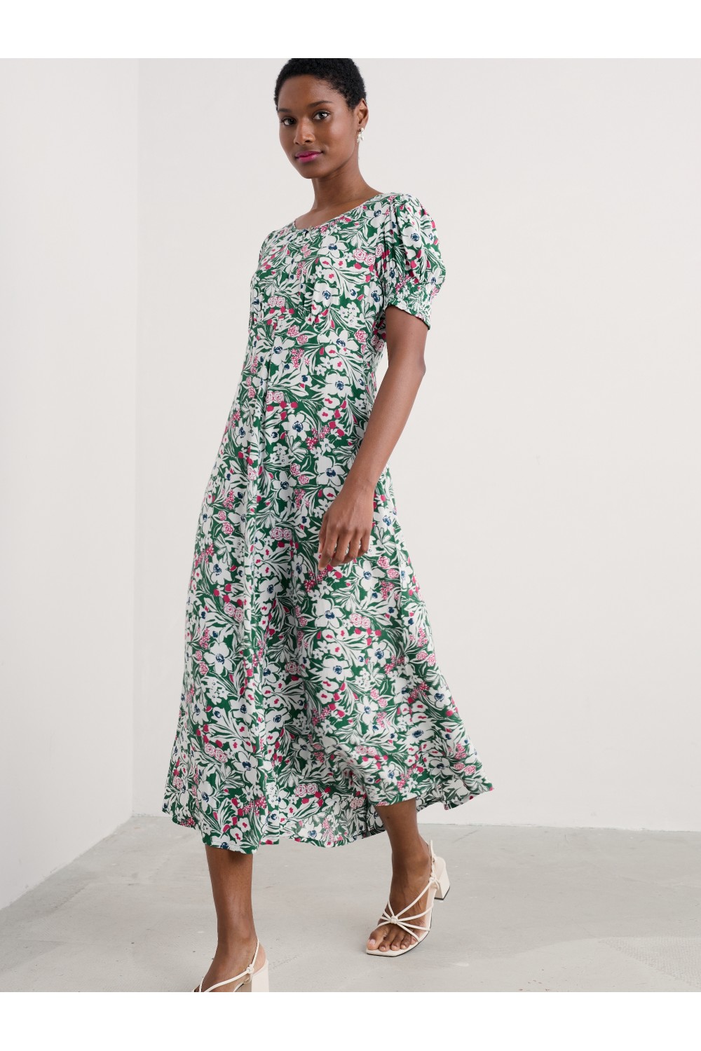 Marsh Violet Short Sleeve Empire Line Dress Garden Flowers Dark Forage
