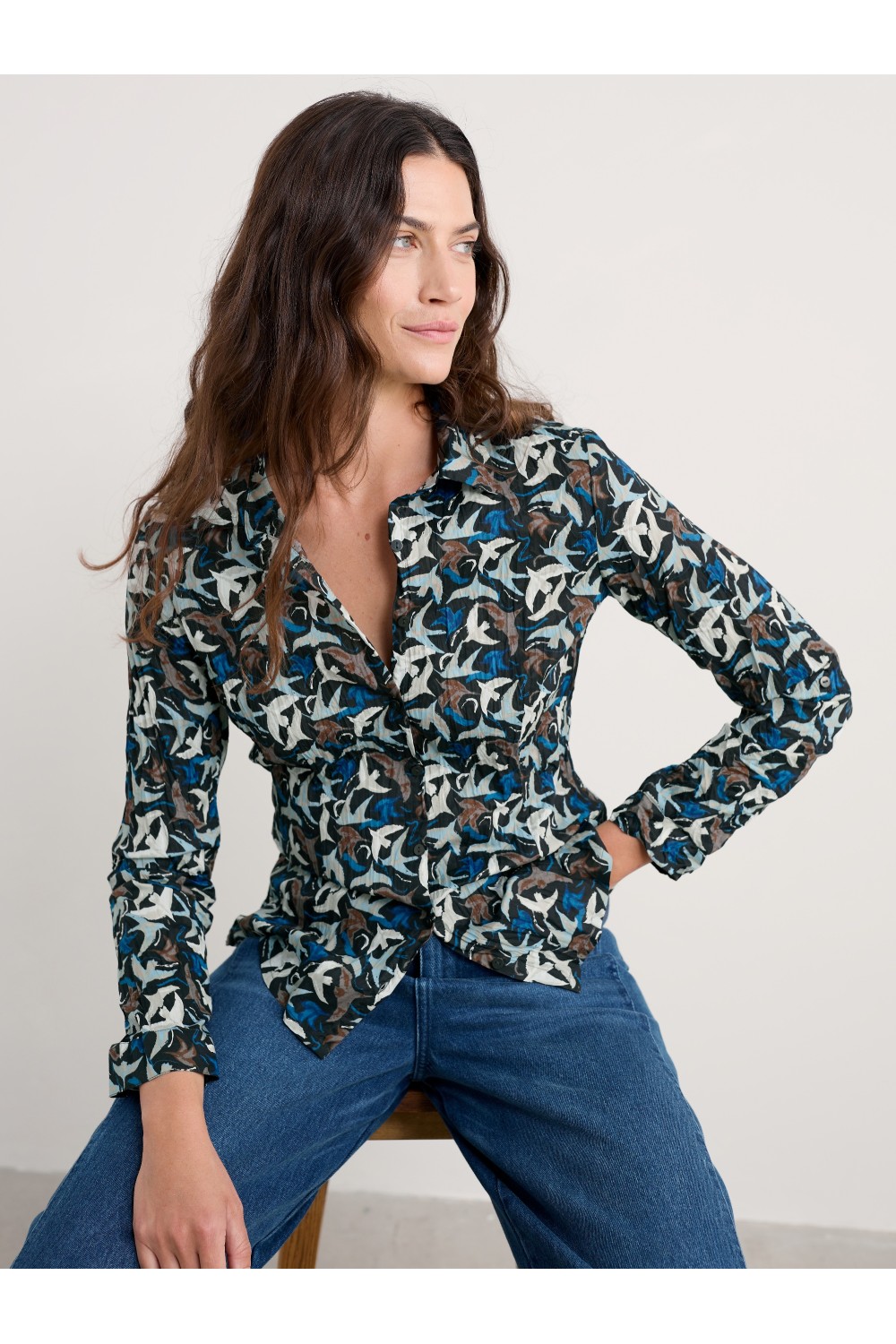 Seasalt Clothing Larissa Organic Cotton Shirt Swooping Birds Onyx