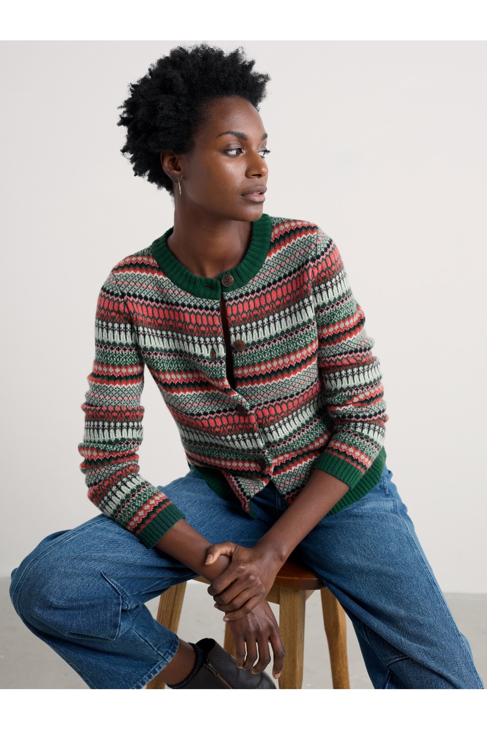 Seasalt Clothing Percella Cove Fair Isle Cardigan Weaving Needle Dark Forage Mix