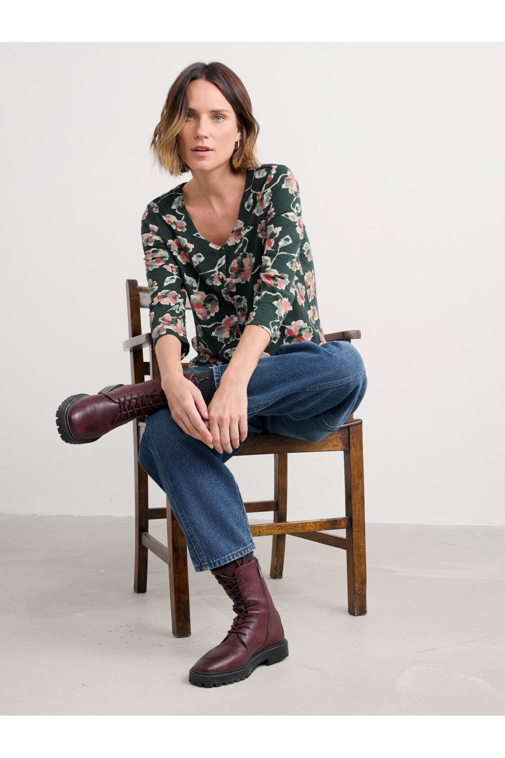 Seasalt Clothing Studio Glass 3/4 Sleeve Top Artist Camellia Coppice