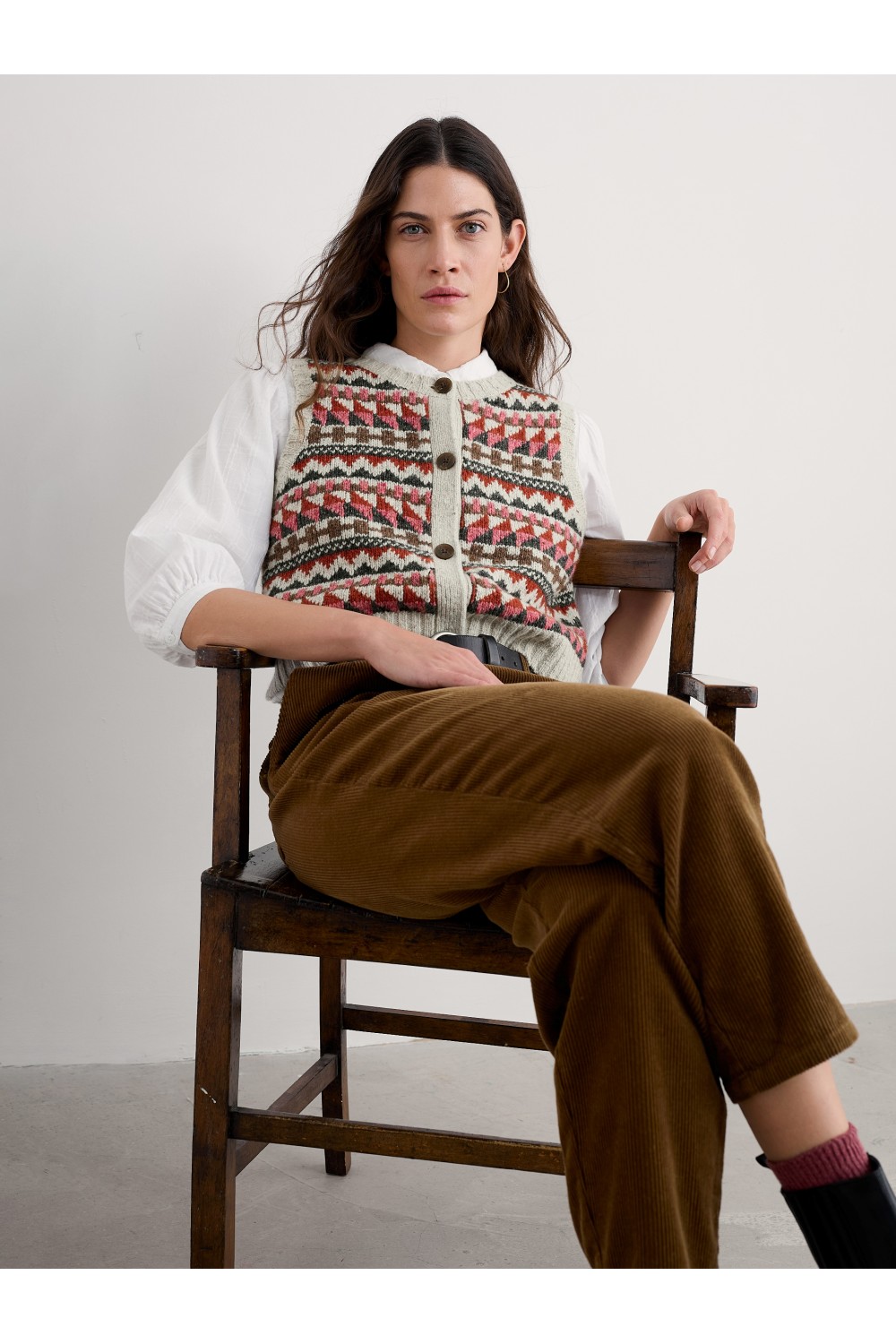 Seasalt Clothing Dawson Pick Fairisle Vest Zig Zag Geo Aran Red Sail