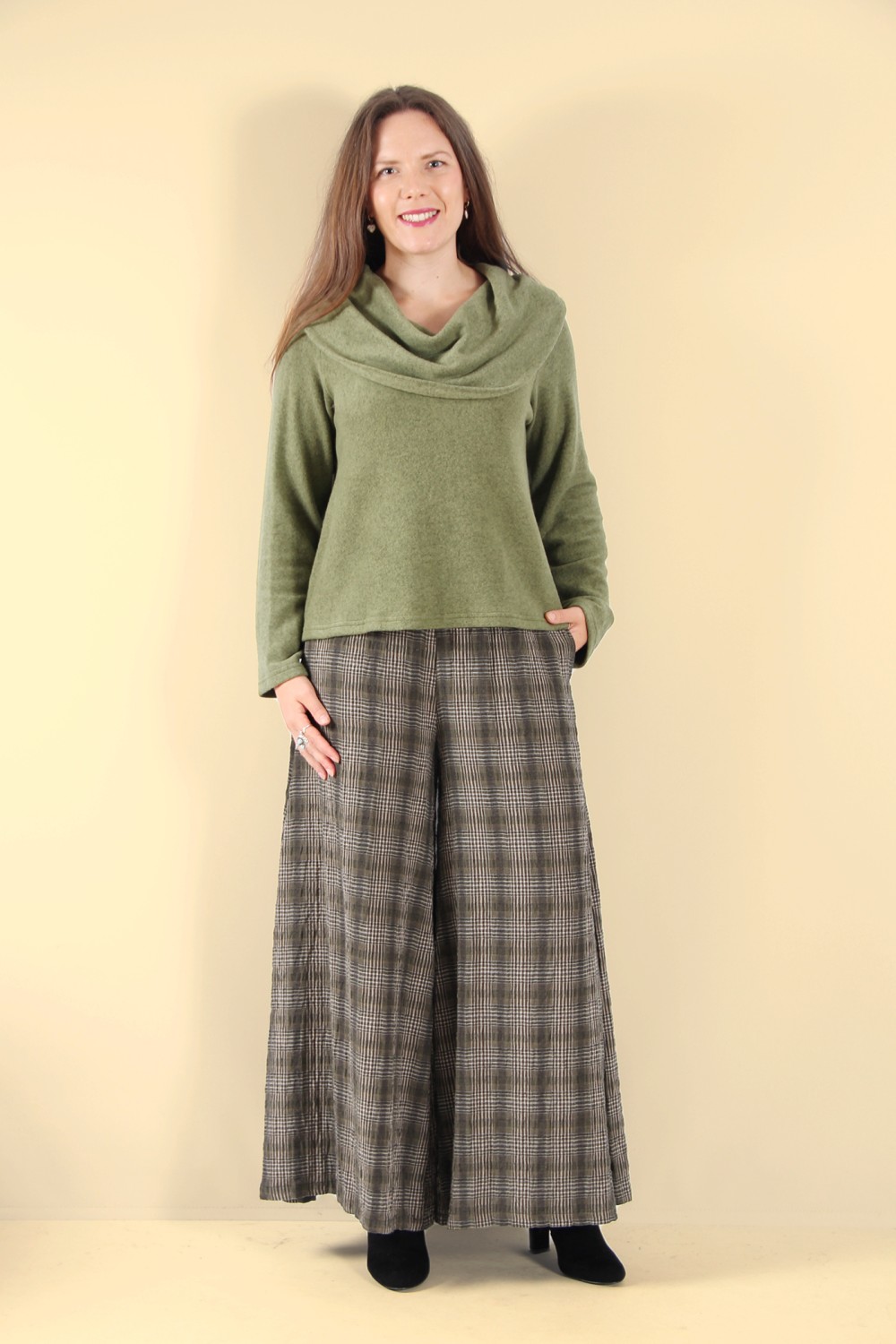 Thing Paris Cowl Neck Soft Fleece Knit Top Herb