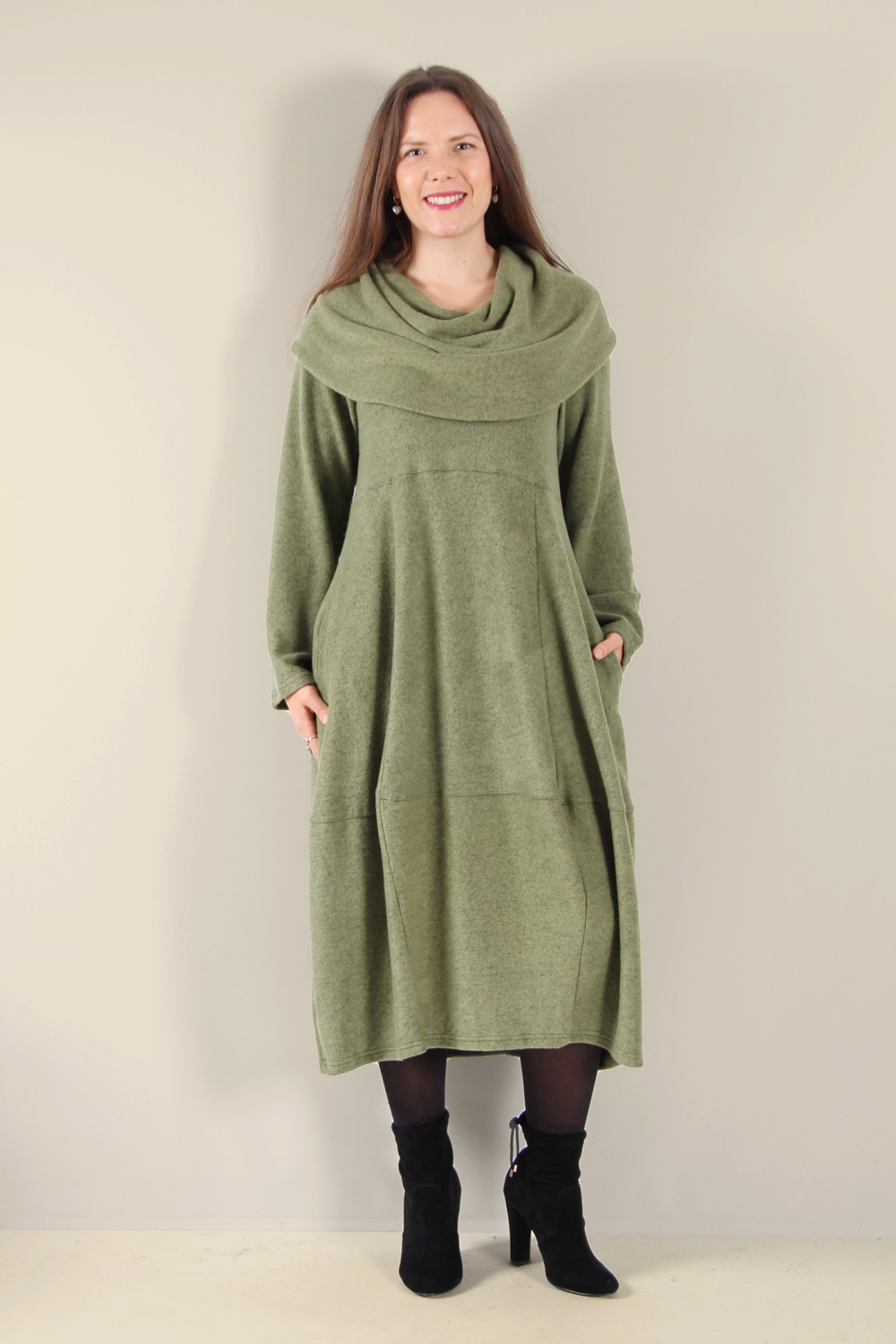 Thing Paula Cowl Neck Soft Fleece Bubble Dress Herb