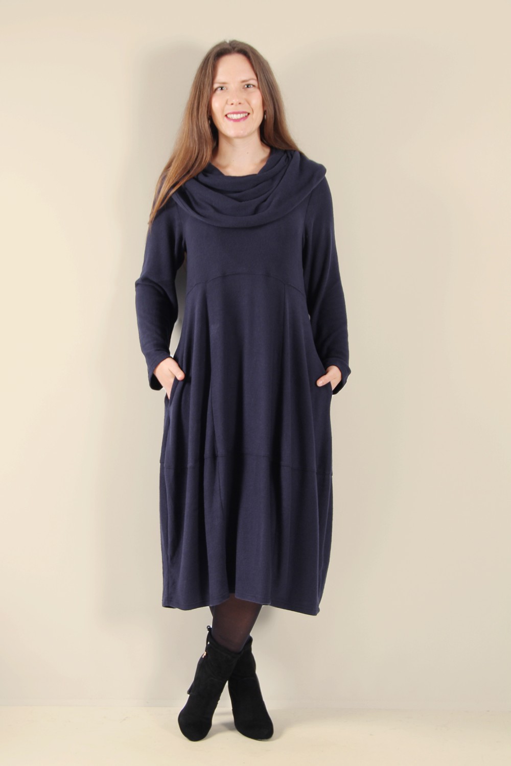 Thing Paula Cowl Neck Soft Fleece Bubble Dress Navy