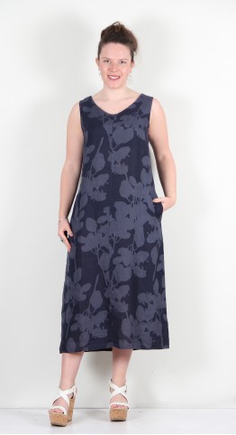 Vetono Linen Floral Sleeveless Dress Dark Blue