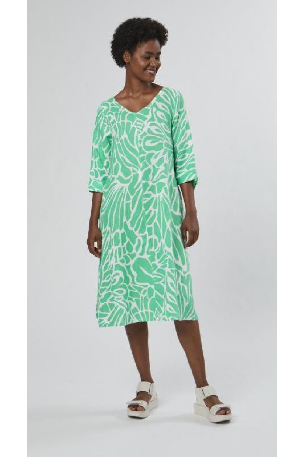 Vetono Three Quarter Sleeve Linen Dress Light Green