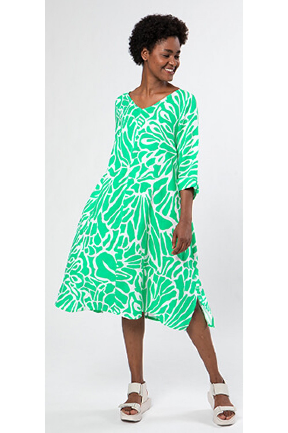 Vetono Three Quarter Sleeve Linen Dress Light Green