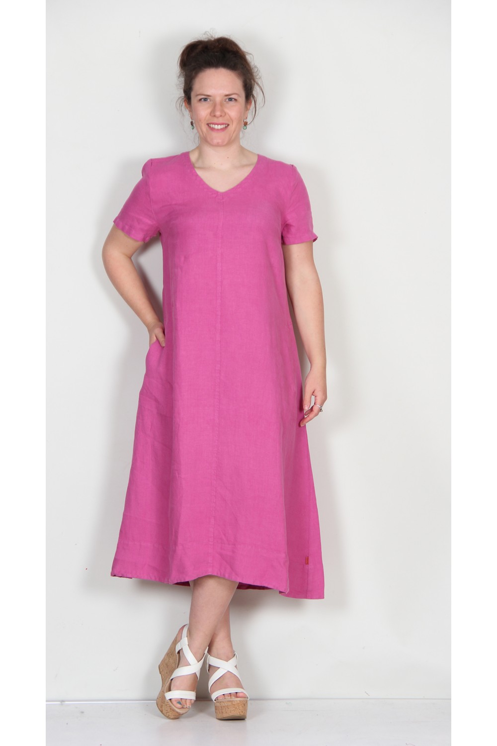 Vetono V-Neck Linen Dress Pink