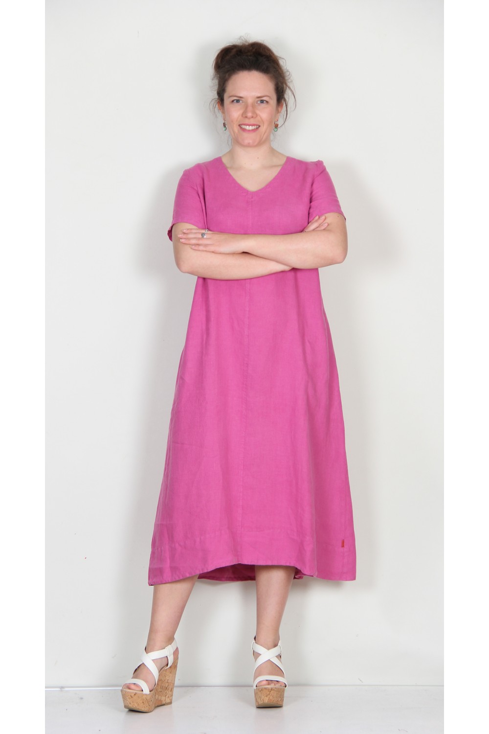 Vetono V-Neck Linen Dress Pink