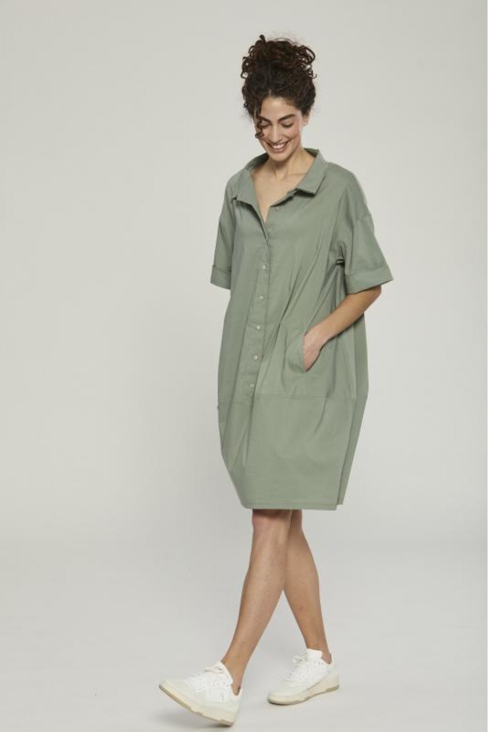 Vetono Cotton Poplin Cocoon Tunic/Dress Sage