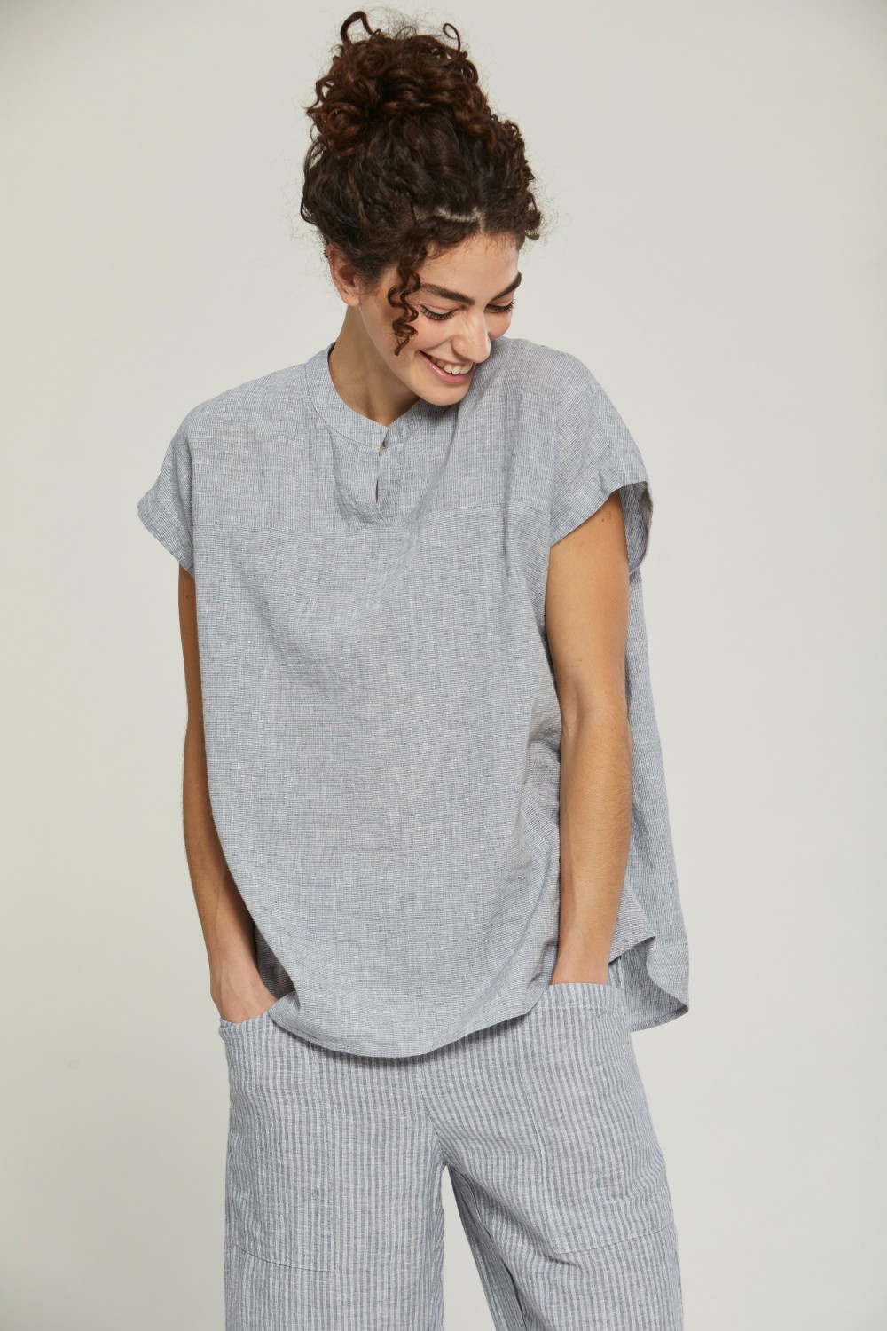 Vetono Linen Cotton Top Smoke Blue