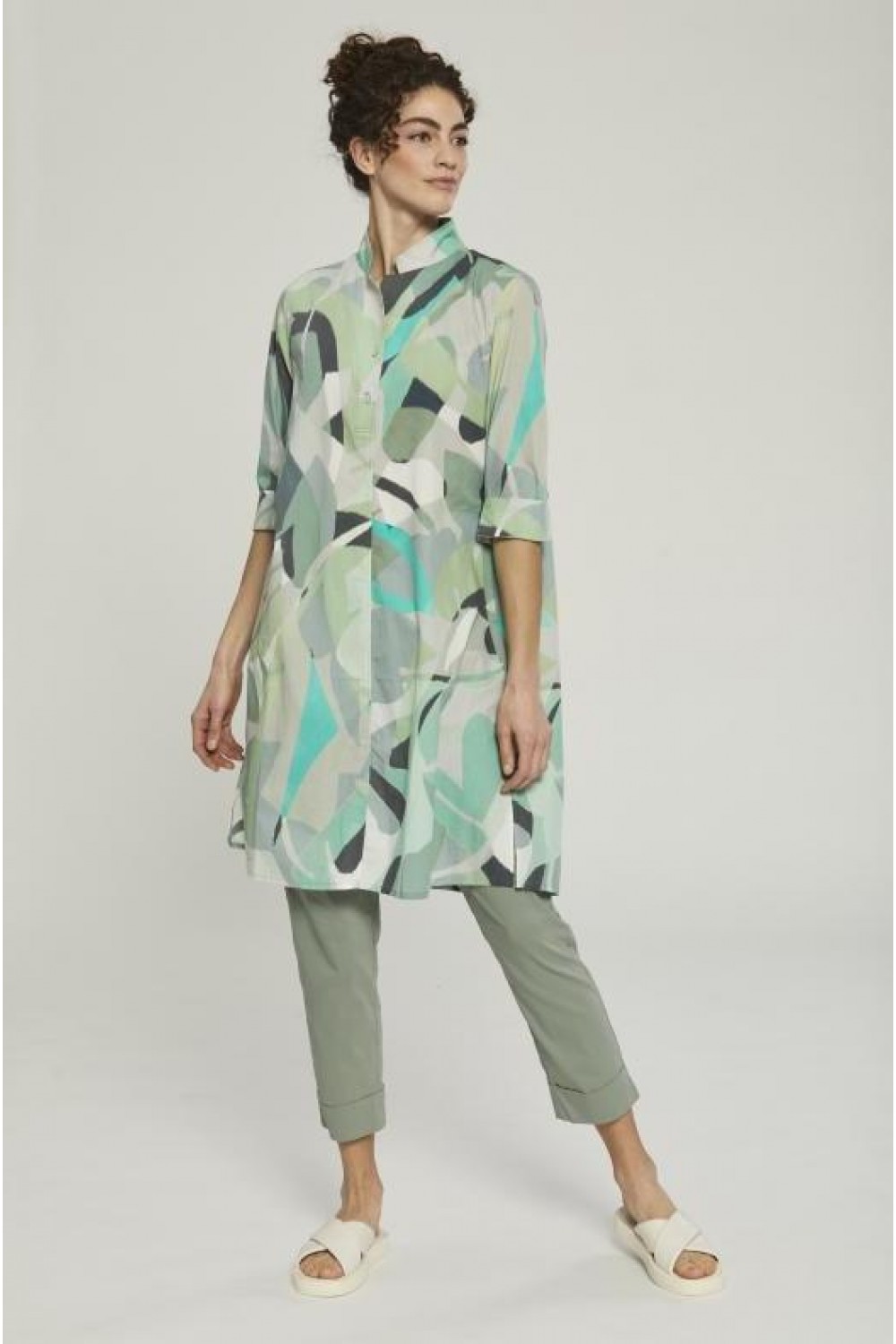 Vetono Cotton Button Front Shirt/Dress Sage