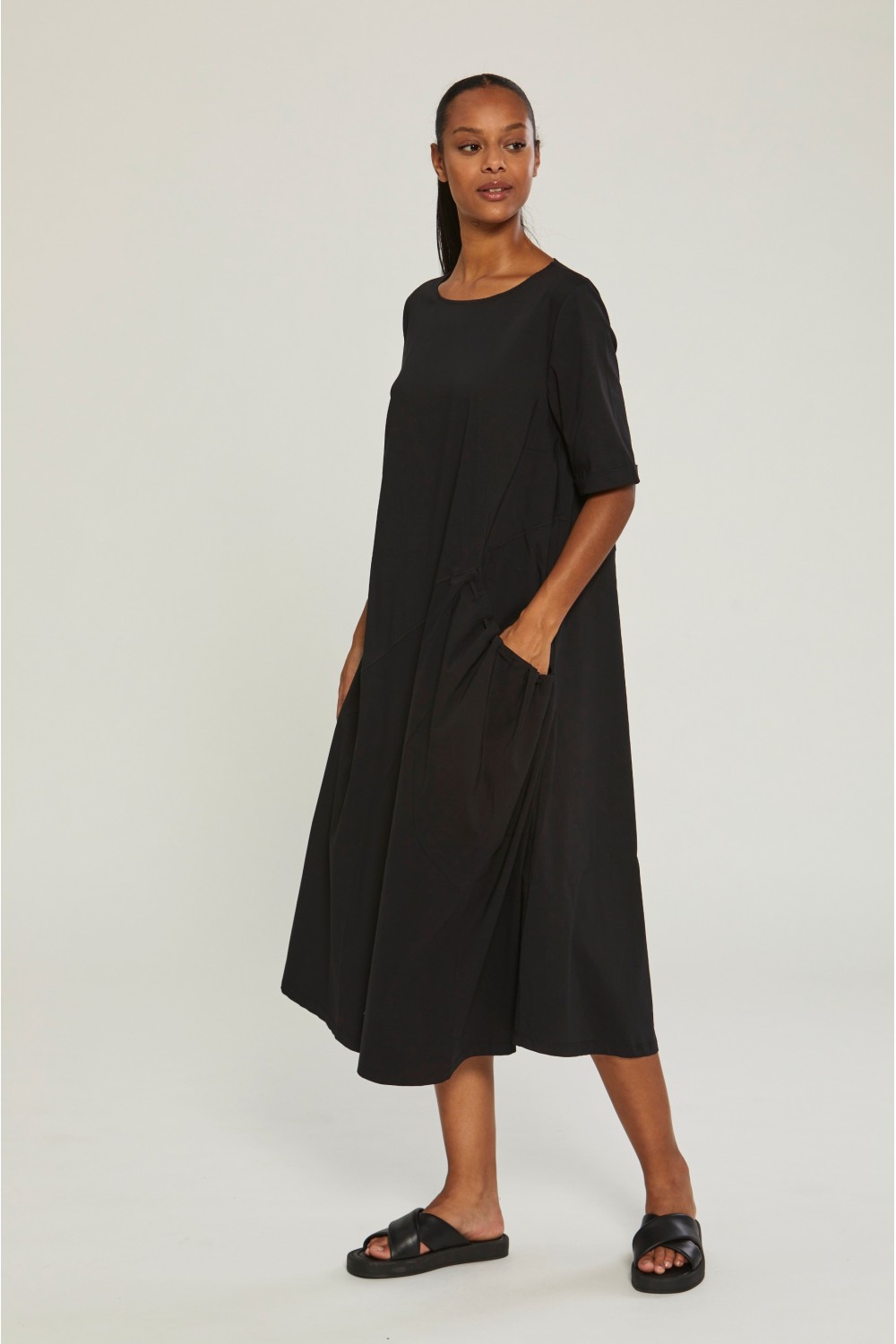 Vetono Cotton Poplin Midi Pocket Dress Black