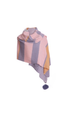 Zelly Reversible Herringbone Striped Scarf With Detachable Pompom Pink Multi