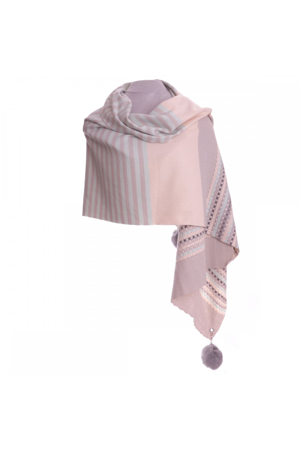 Zelly Reversible Herringbone Striped Scarf With Detachable Pompom Grey Multi